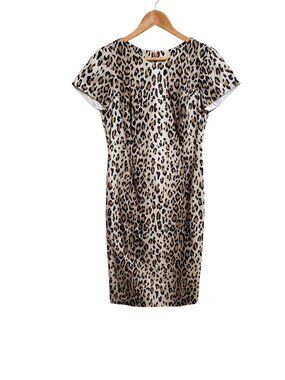 Carolina Herrera Leopard Sheath Dress 8 Short Sleeve Classic Stretch Animal